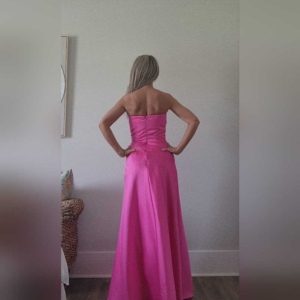 Pink Ruched Strapless Prom Gown - Picture 2 of 5